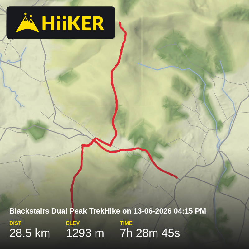 A map preview of the recording Blackstairs Dual Peak TrekHike on 13-06-2026 04:15 PM.