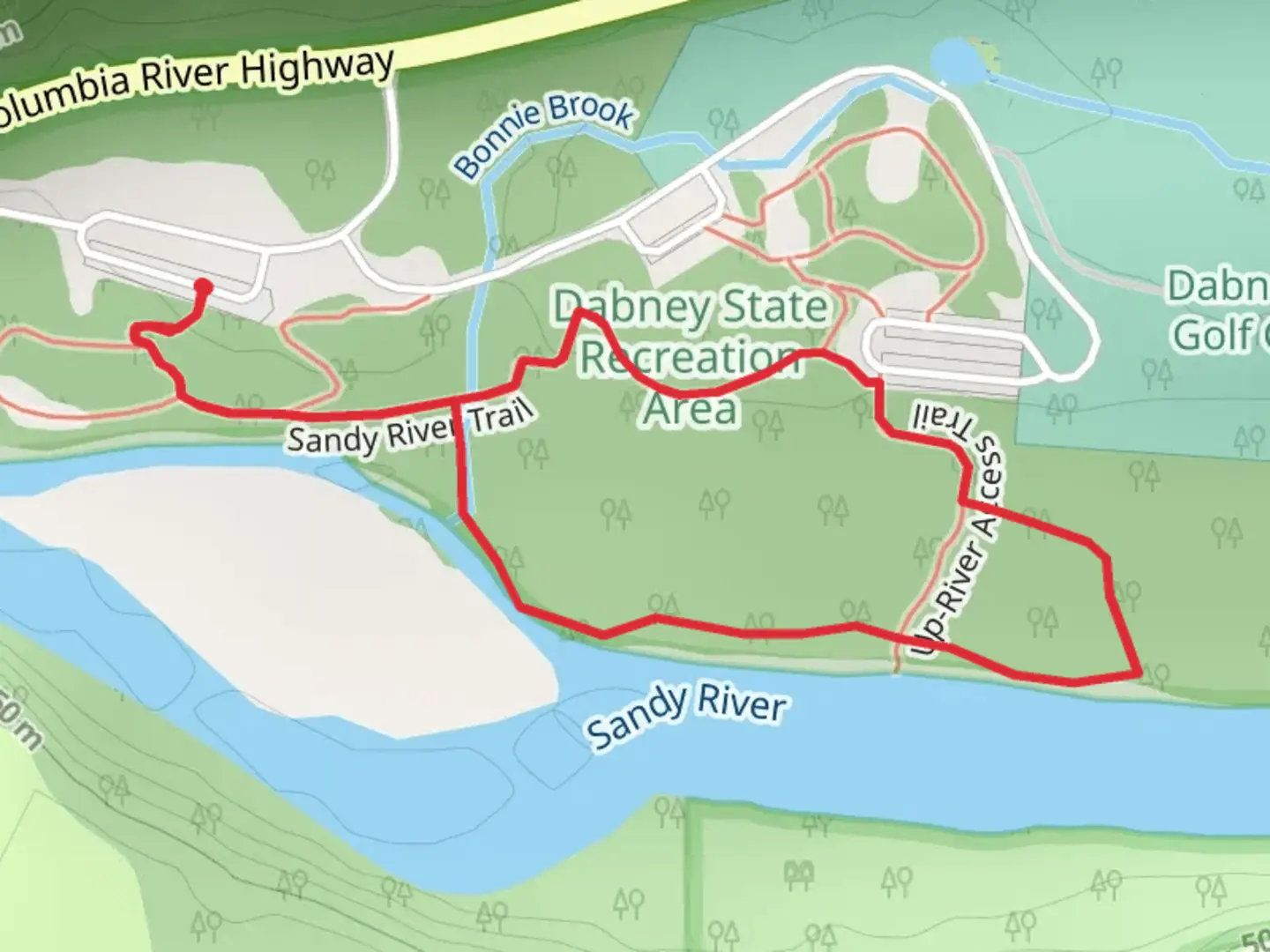 An image depicting the trail Sandy River Trail and Up river Access Trail and its surrounding area.
