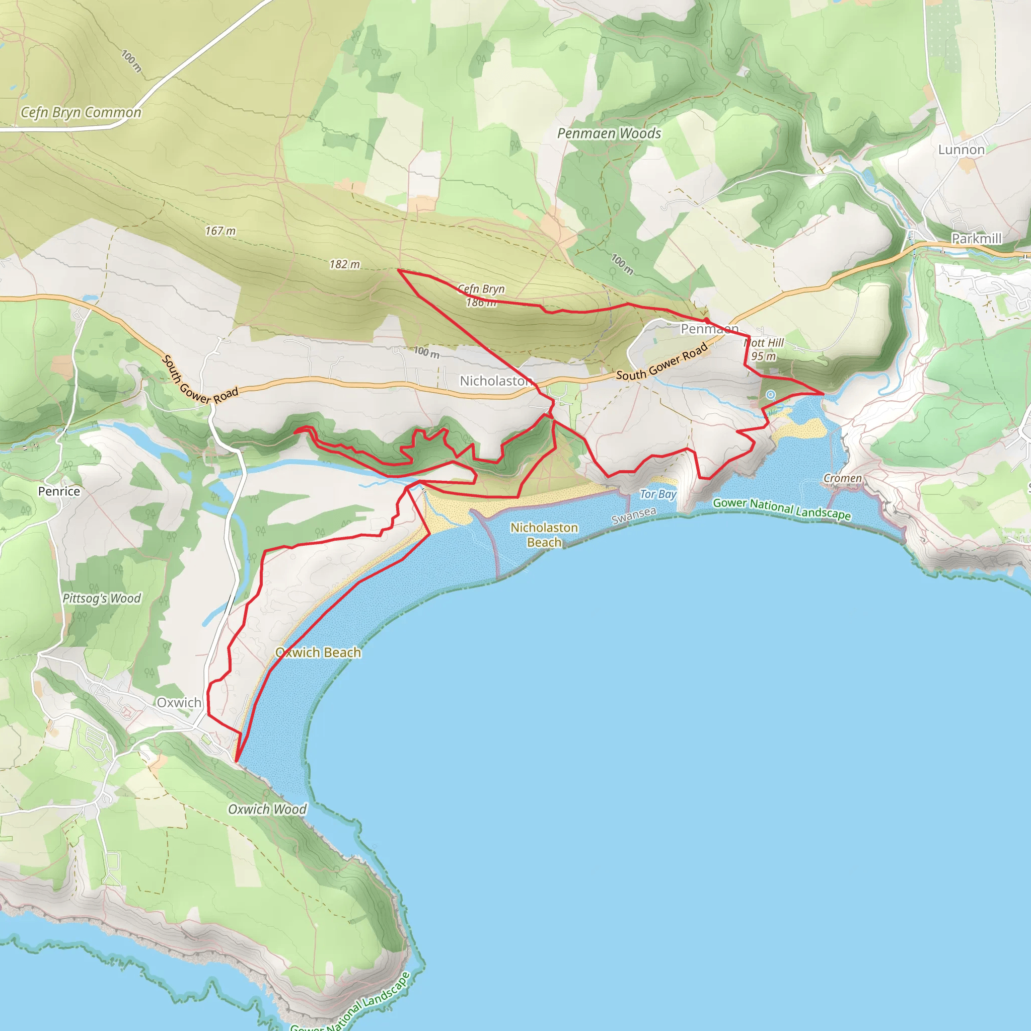 Three Cliffs Bay, Tor Bay, Oxwich, Nicholaston Woods and Cefn Bryn (9) mobile static map