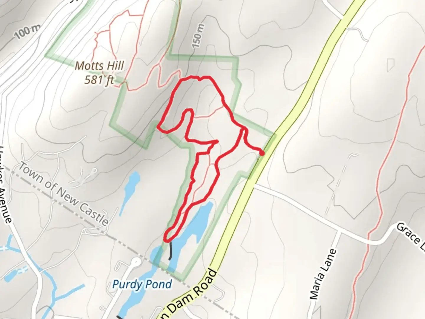 An image depicting the trail Purdy Pond Loop from Croton Dam Road and its surrounding area.