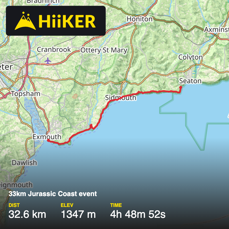 A map preview of the recording 33km Jurassic Coast event.