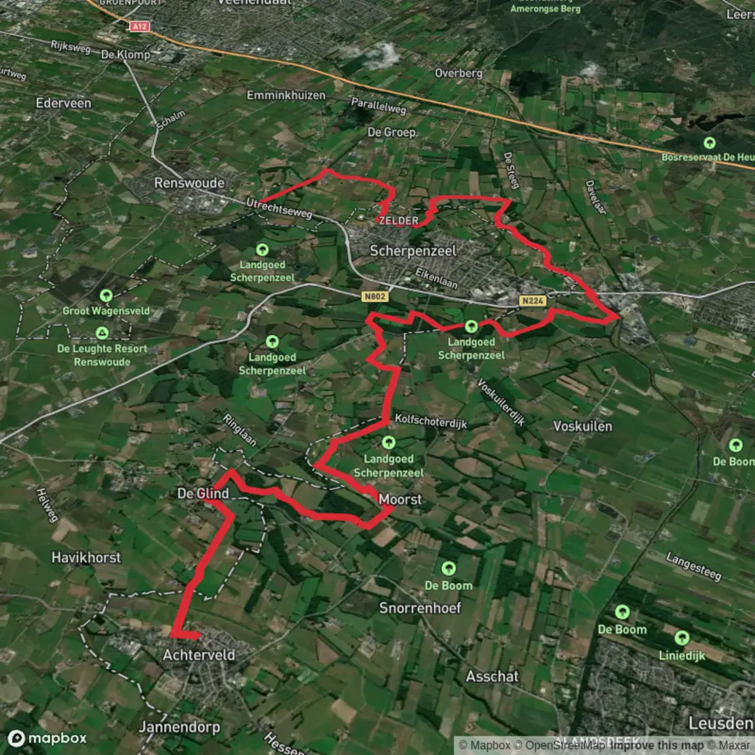 An image depicting the trail Archterveld to Renswoude via Dashorsterpad and Utrechtpad and its surrounding area.