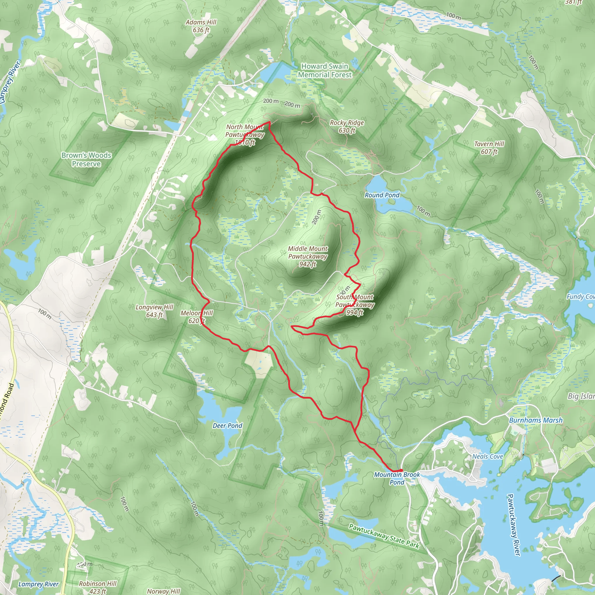 South Mount Pawtuckaway and North Mount Pawtuckaway Loop from Mountain Brook Pond mobile static map