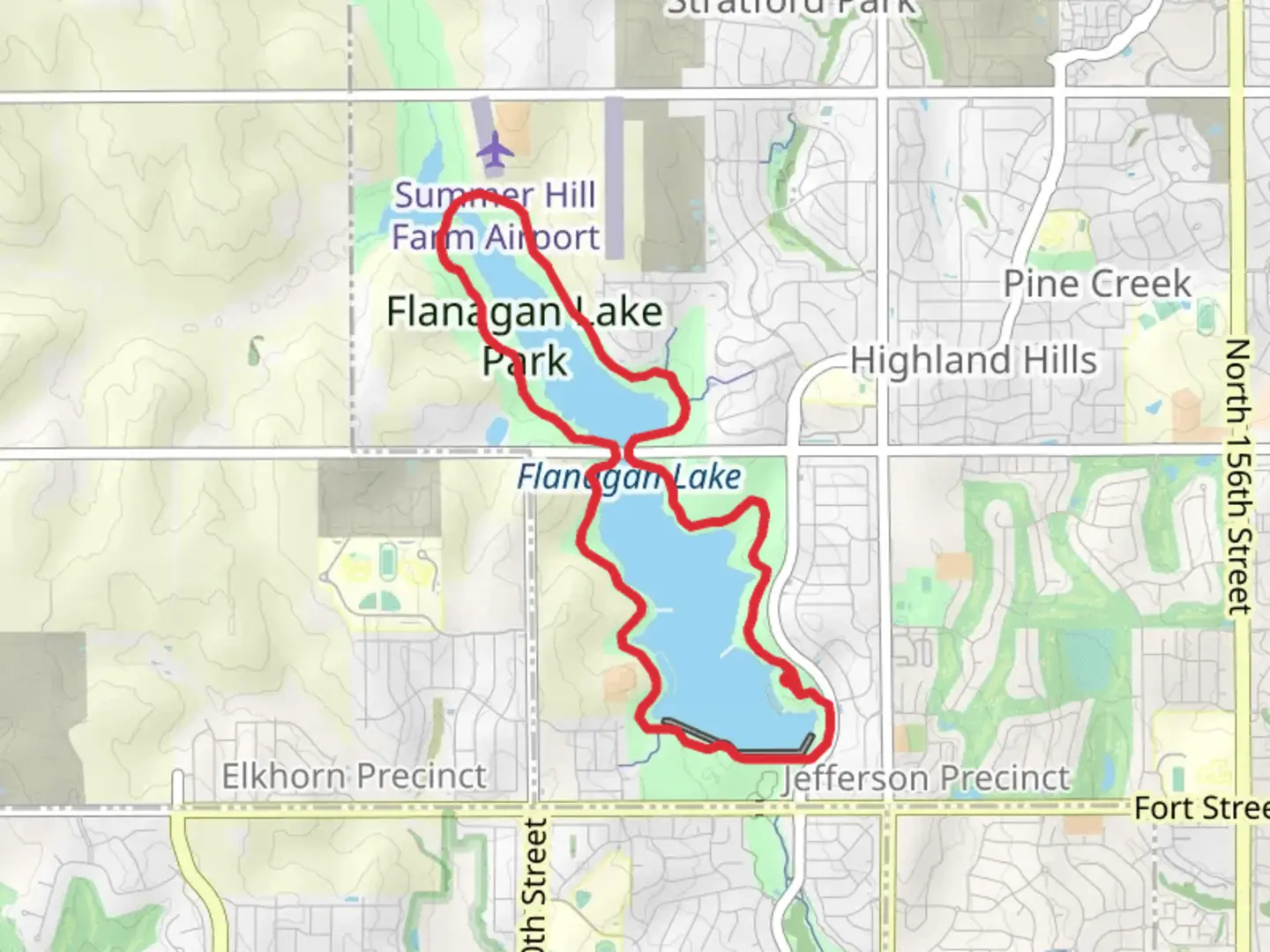 An image depicting the trail Flanagan Lake Park and Flanagan Lake Loop and its surrounding area.
