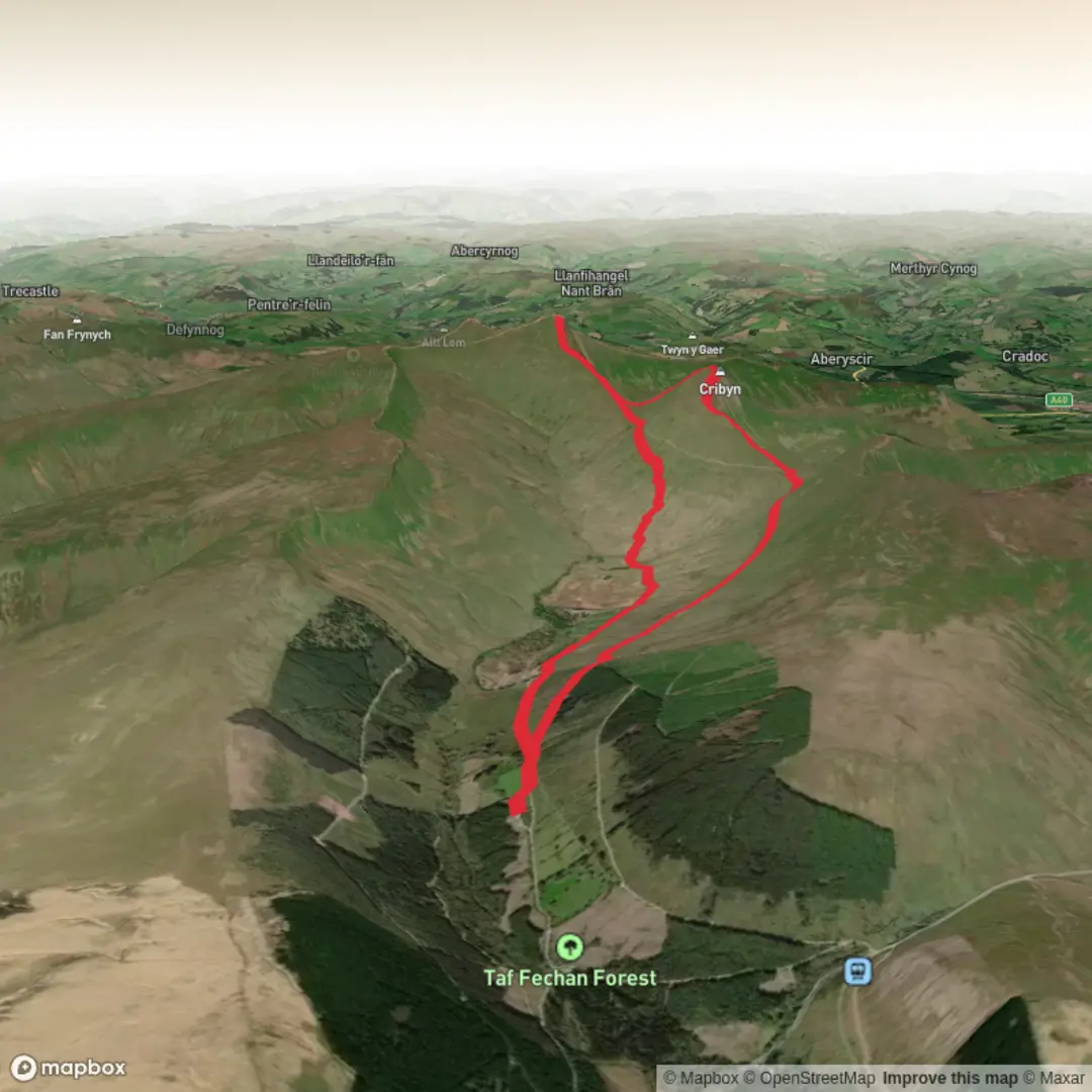 An image depicting the trail Cribyn and Pen y Fan from Neuadd Car Park and its surrounding area.