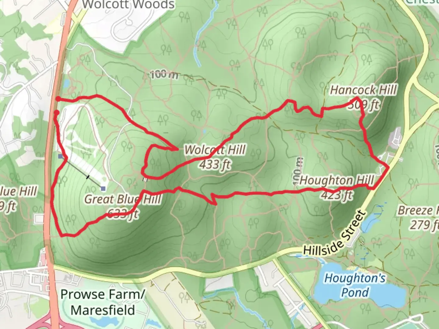 An image depicting the trail Great Blue Hill to Hancock Hill to Hemenway Hill Loop and its surrounding area.