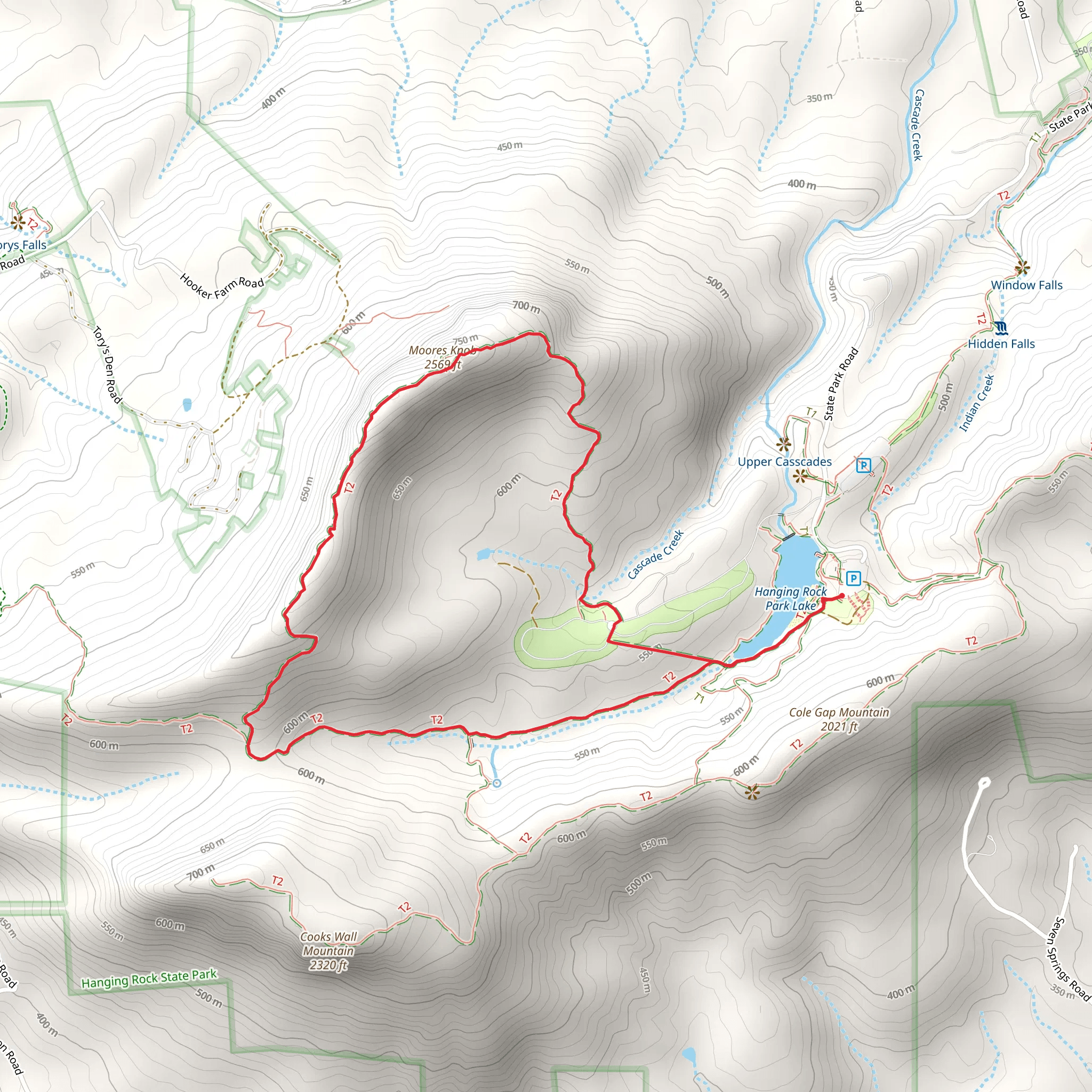 Moores Knob and Hanging Rock Park Lake Loop via Moores Wall Loop Trail mobile static map