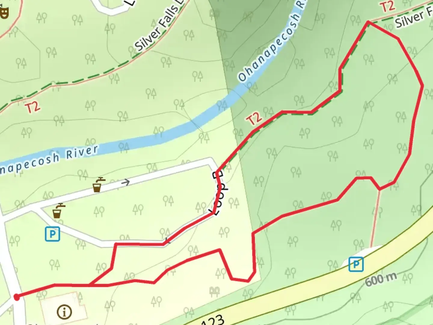 An image depicting the trail Silver Falls Loop and its surrounding area.