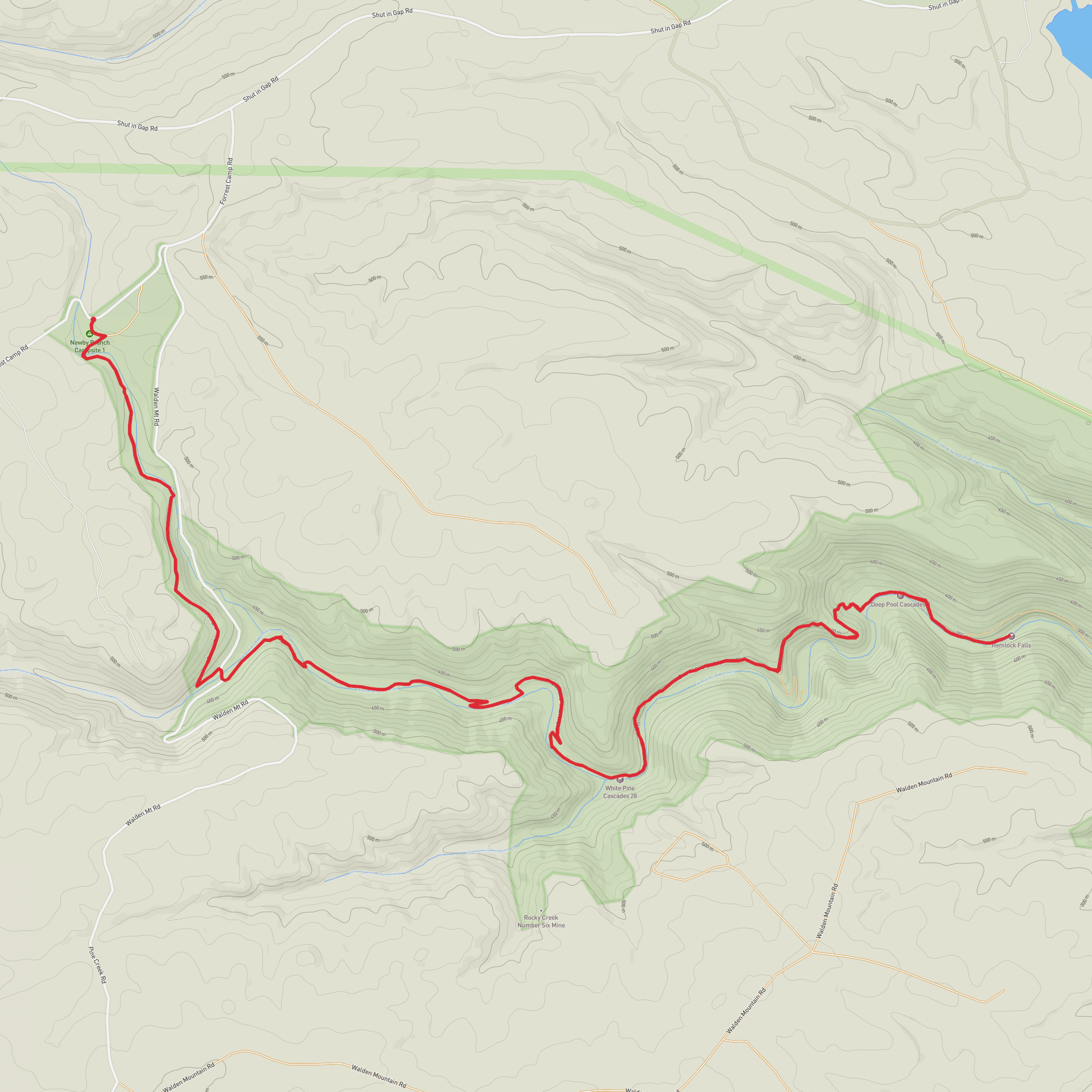 White Pine Cascades, Deep Pool Cascades and Hemlock Falls via Duskin Branch Trail mobile static map