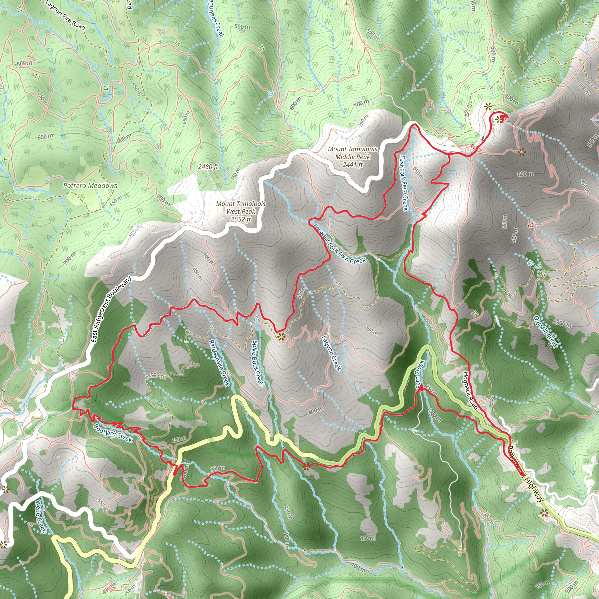 Mount Tam East Peak Loop via Troop 80 Trail and Fern Creek Trail mobile static map