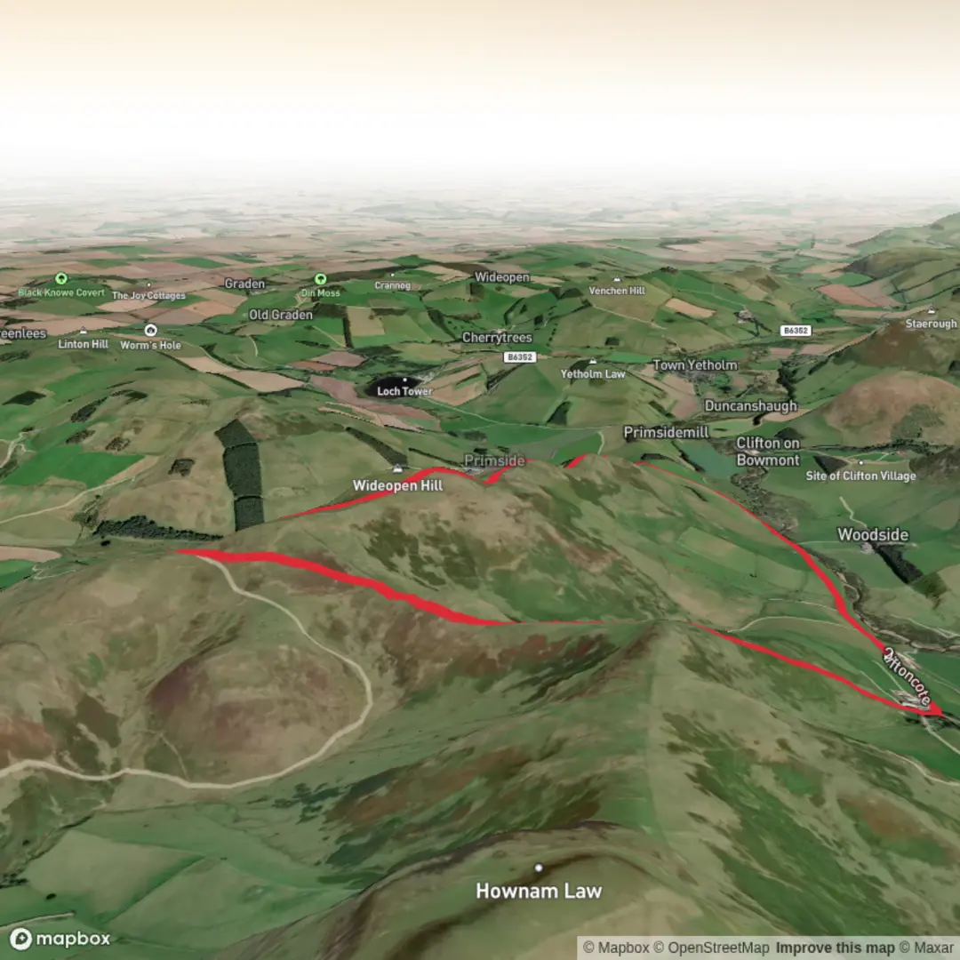 An image depicting the trail Grubbit Law, Wideopen Hill and Crookedshaws Hill Loop and its surrounding area.
