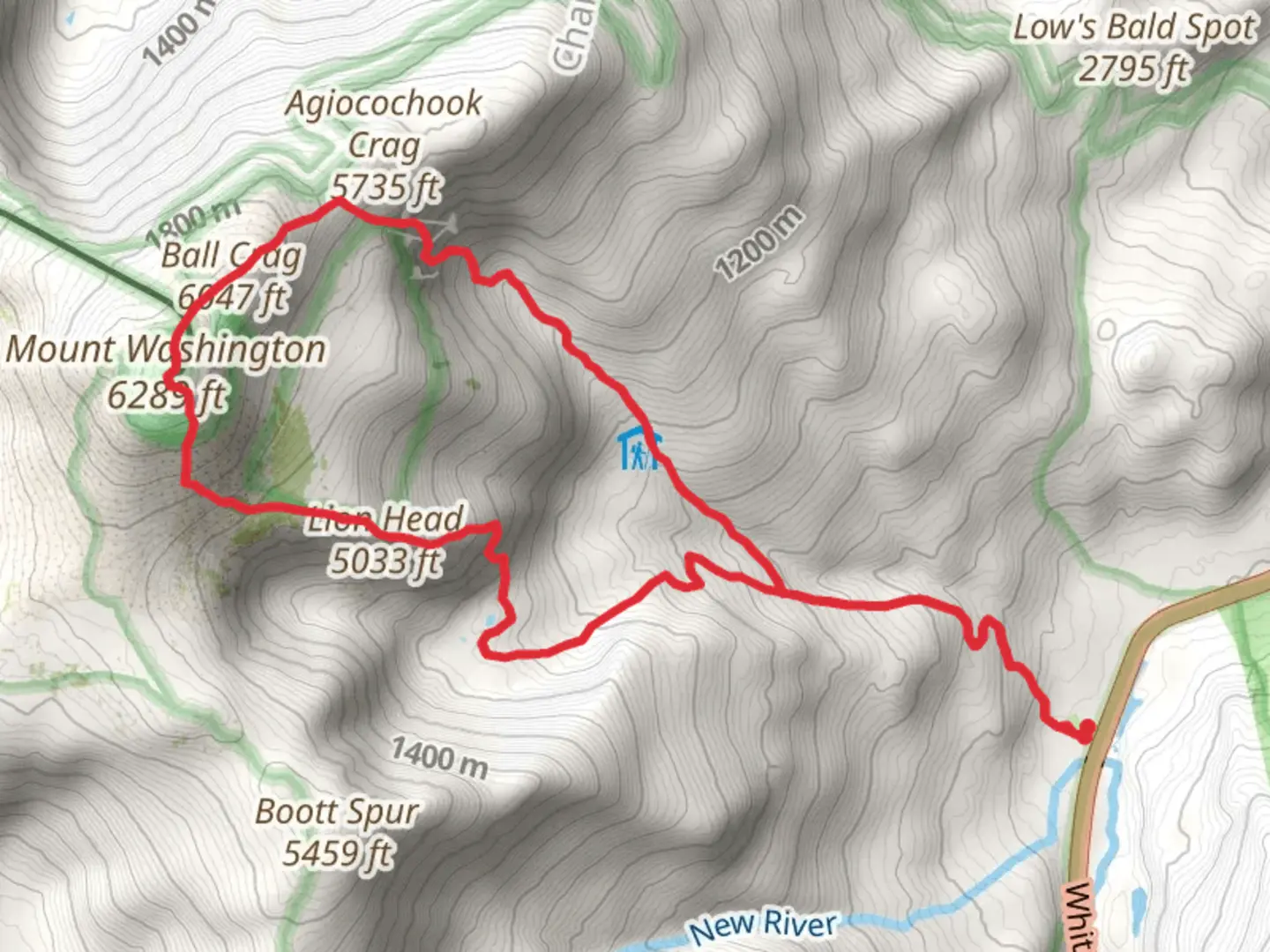 An image depicting the trail Agiocochook Crag and Lion Head Loop and its surrounding area.