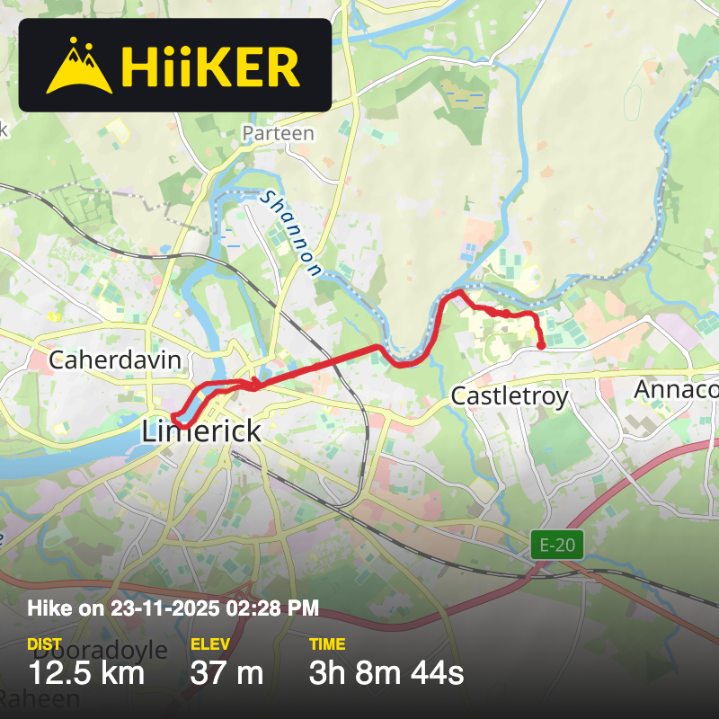 A map preview of the recording Hike from UL to Limerick City along canals .