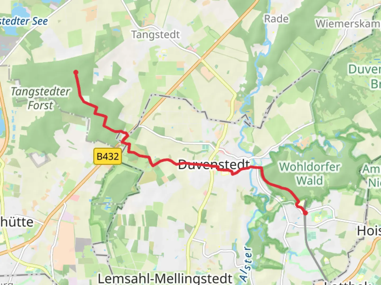 An image depicting the trail Ohlstedt to Wilstedt Siedlung via Ohlstedt - Friedrichsgabe and its surrounding area.