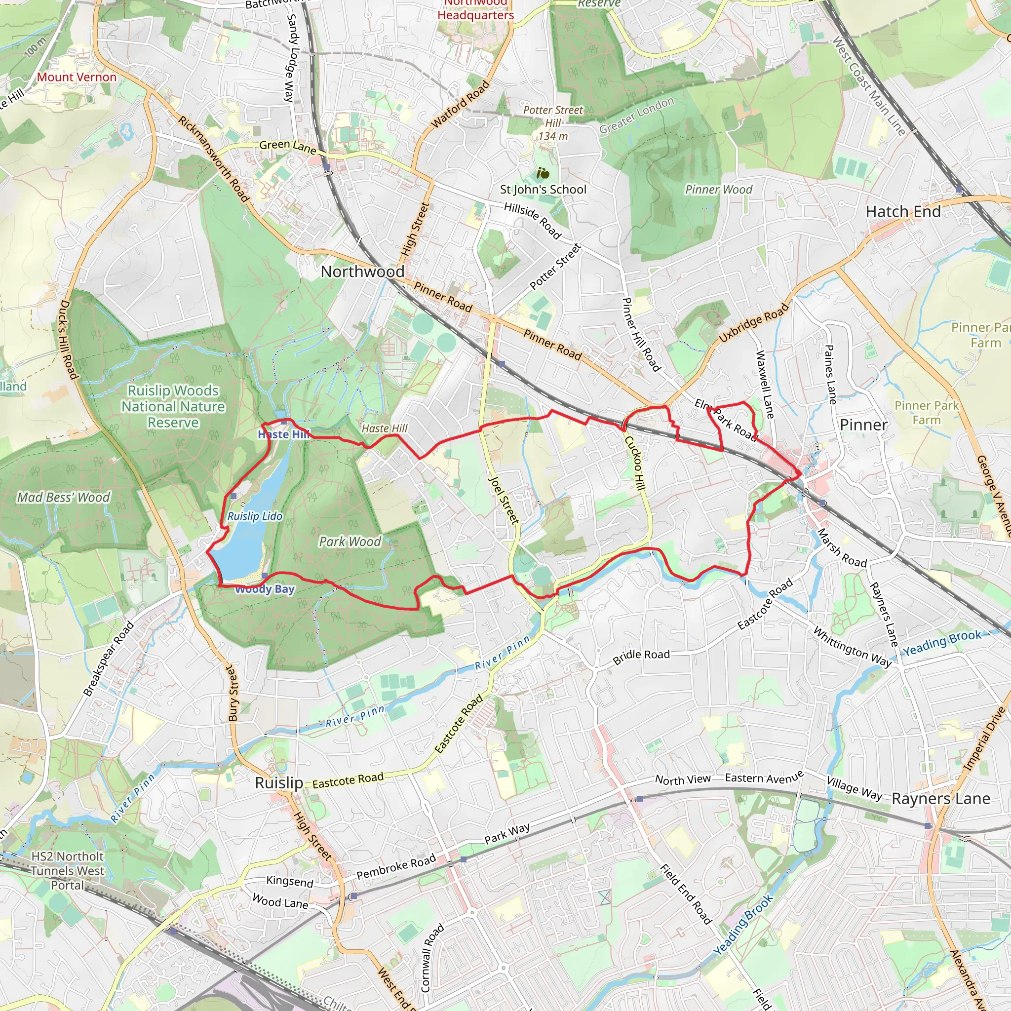 Pinner Memorial Park, Long Meadow, Ruislip Woods NNR and Ruislip Lido Loop mobile static map