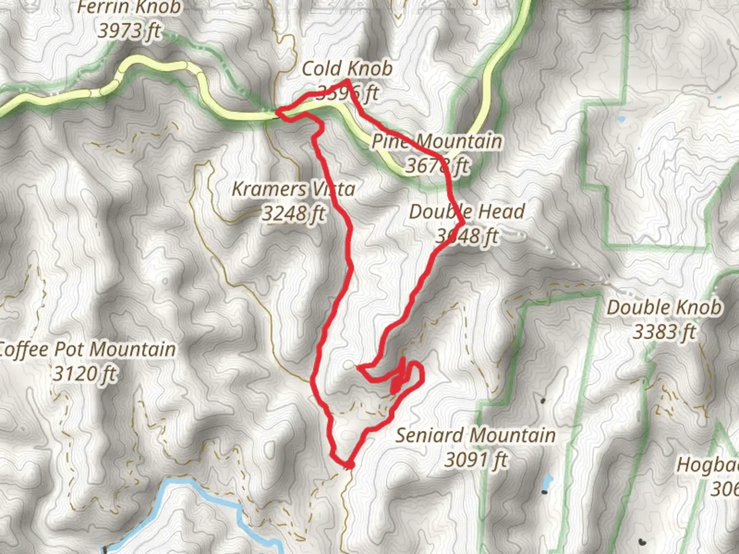 An image depicting the trail Bear Branch, Double Head and Pine Mountain Loop and its surrounding area.