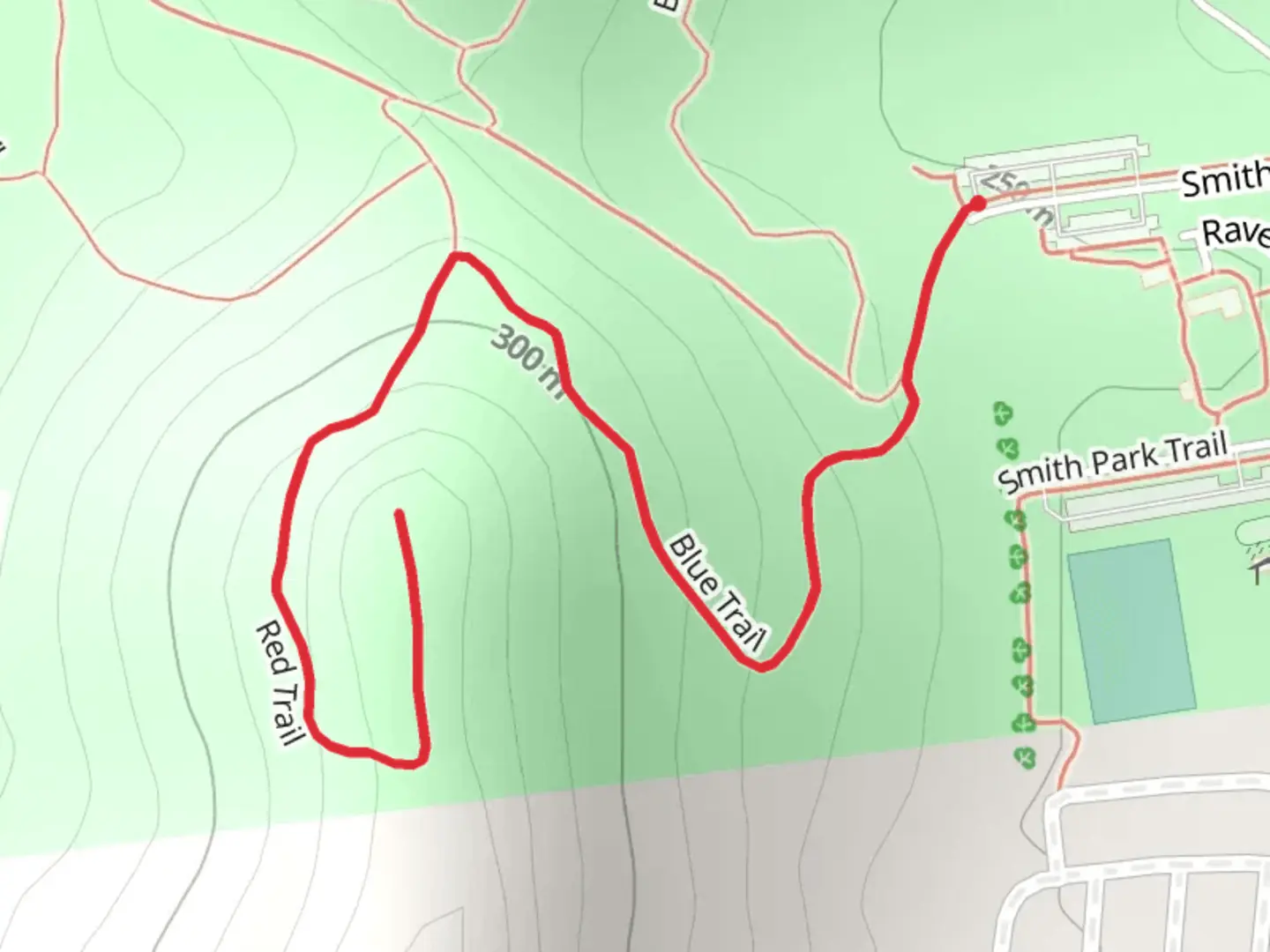 An image depicting the trail Blue and Red Trail and its surrounding area.