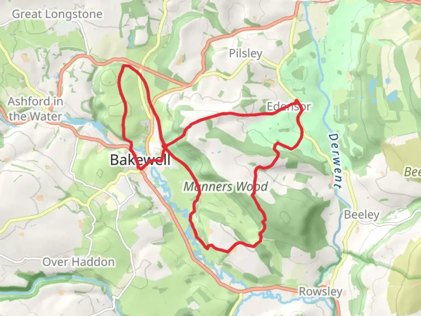 An image depicting the trail New Piece Wood, Edensor Country Park and Pilsley Country Park Loop and its surrounding area.