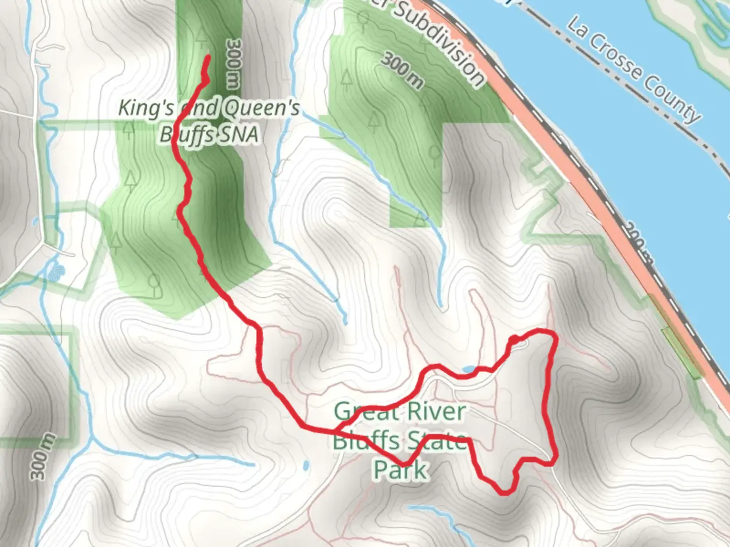An image depicting the trail King's and Queen's Bluffs SNA Loop and its surrounding area.