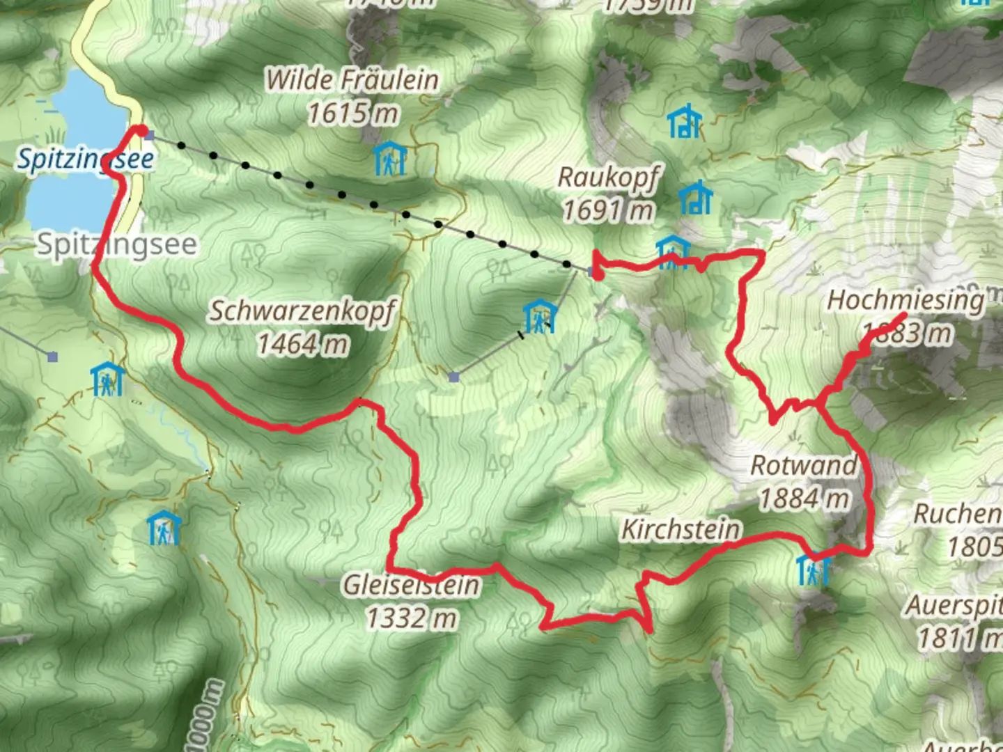 An image depicting the trail Gleiselstein, Hochmiesing and Lochgrabensattel Walk from Spitzingsee and its surrounding area.