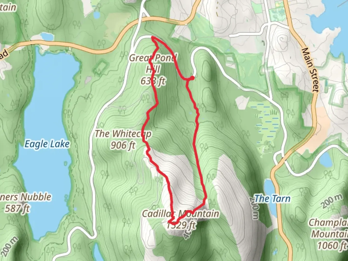 An image depicting the trail Cedillac Mountain and Great Pond via Gorge Path and its surrounding area.
