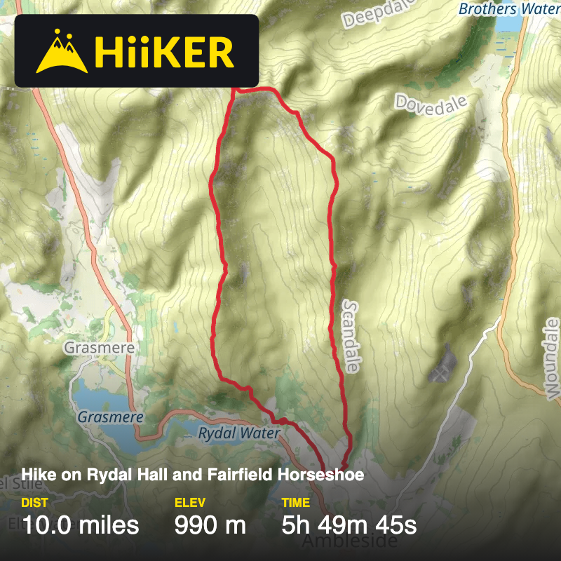 A map preview of the recording Hike on Rydal Hall and Fairfield Horseshoe.