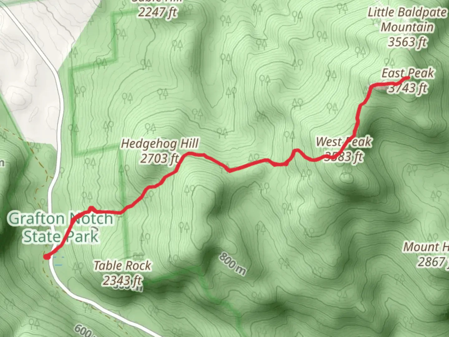 An image depicting the trail Hedgehog Hill to West Peak to Baldpate Mountain and its surrounding area.