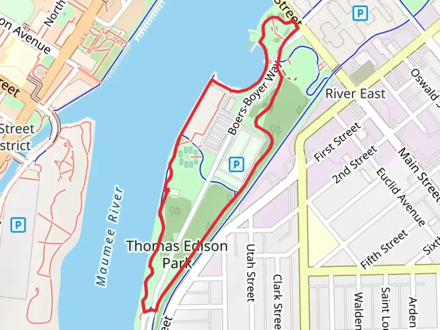 An image depicting the trail Thomas Edison Park Loop and its surrounding area.