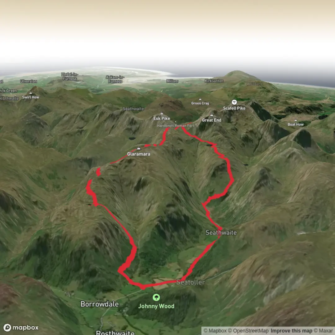 An image depicting the trail Glaramara Seathwaite Fells and its surrounding area.