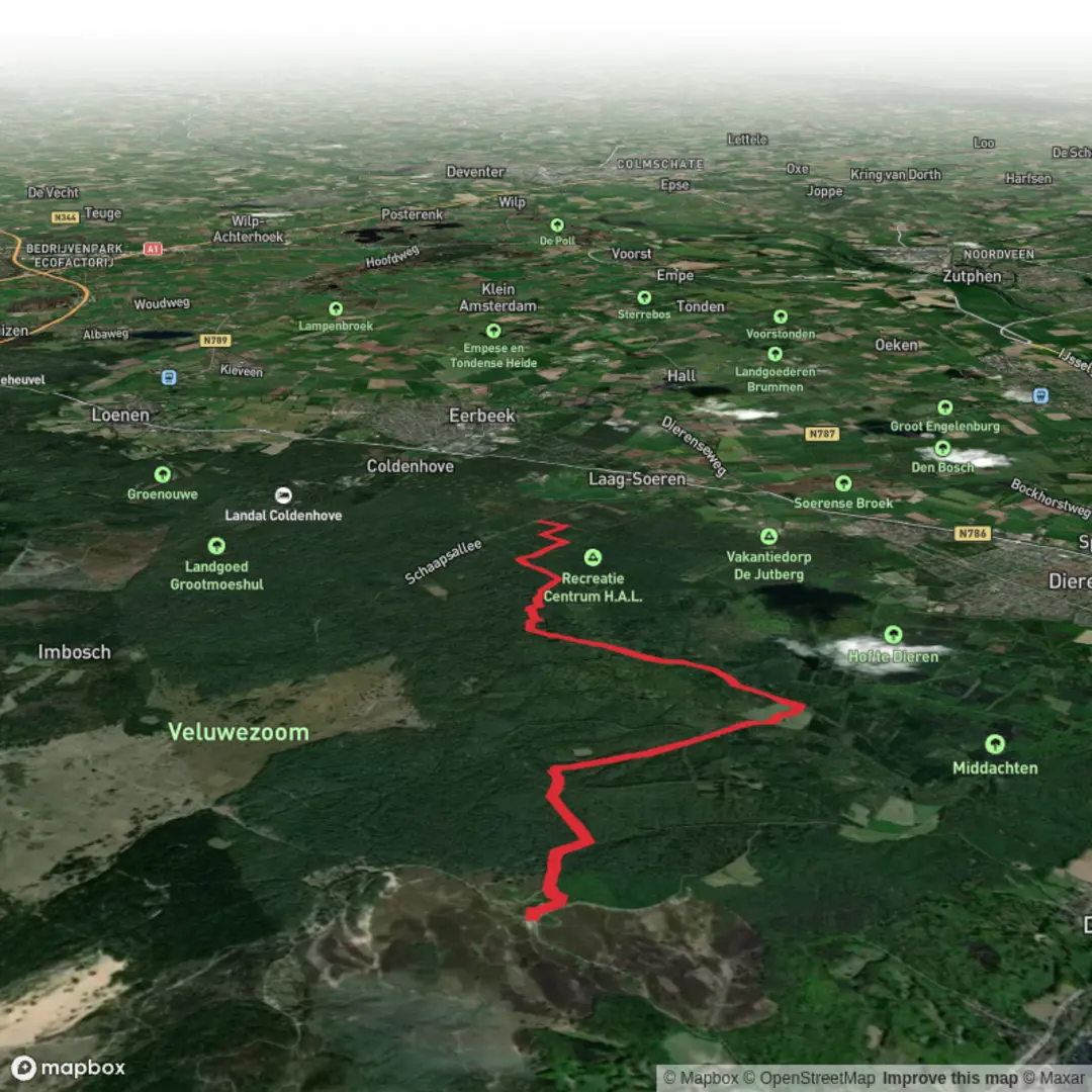 An image depicting the trail Posbank to Plaghak via Onzalige Bossen and its surrounding area.