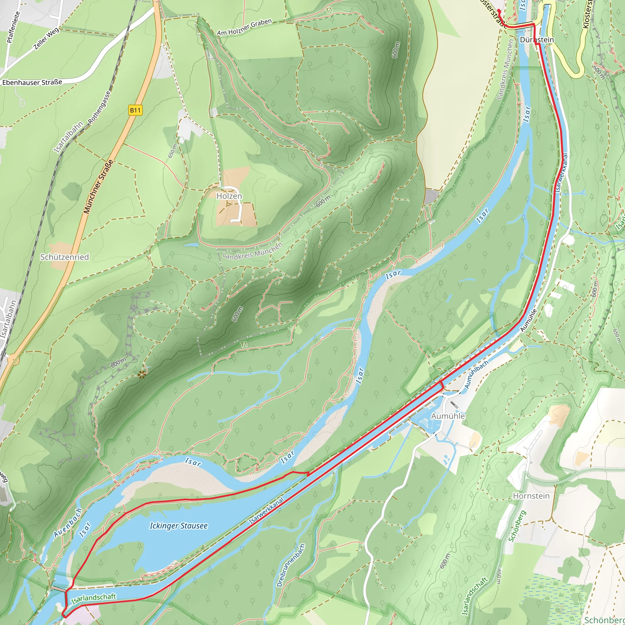 Ickinger Stausee via Traumpfad Muechen Venedig and Isar Erlrbnispfad mobile static map