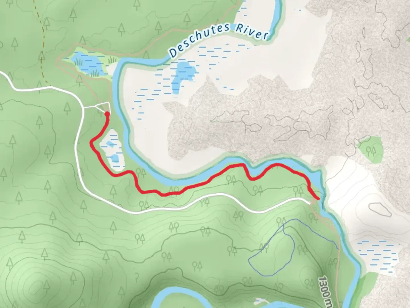 An image depicting the trail Deschutes River via Deschutes River Trail Out and Back and its surrounding area.