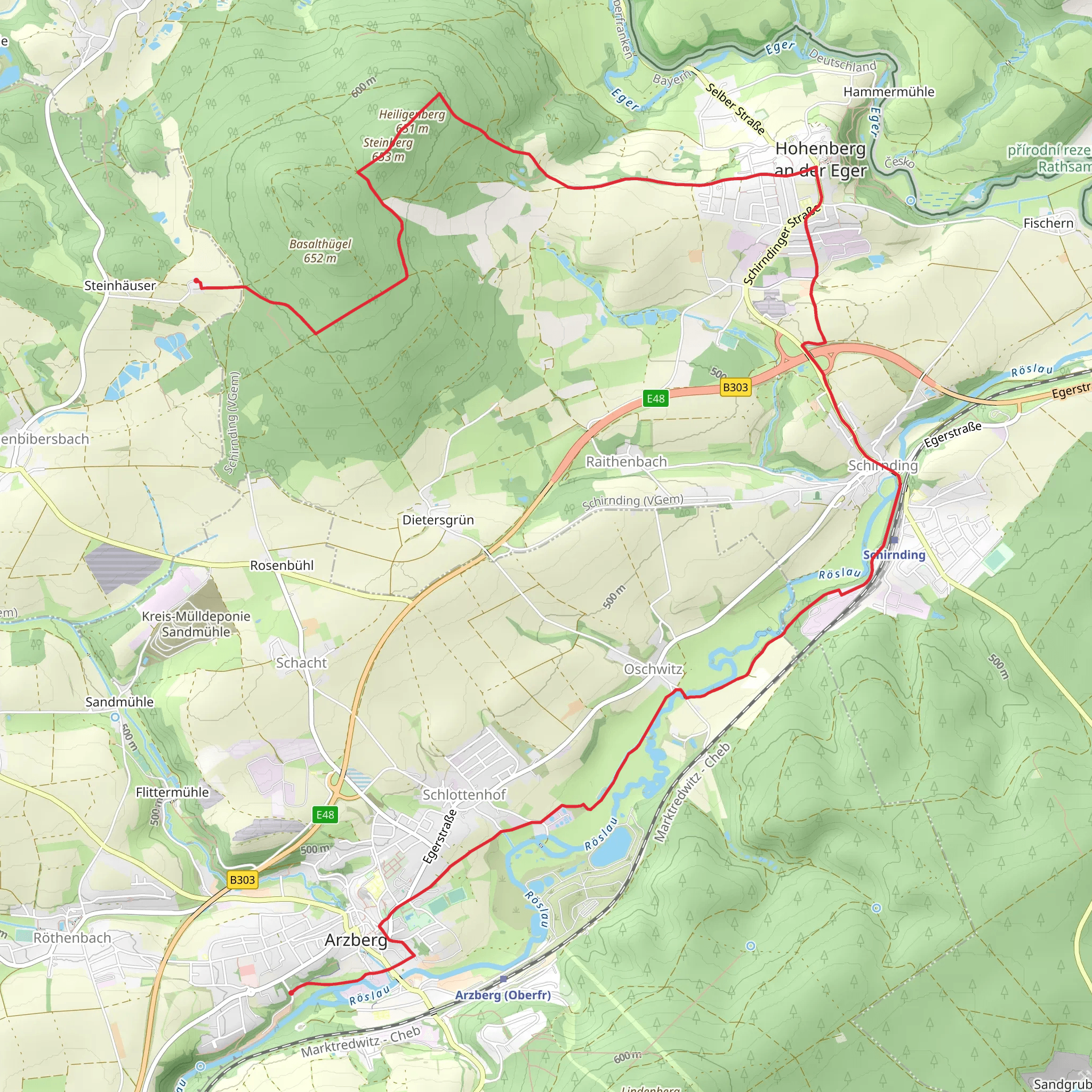 Arzberg to Steinhaeuser via Steinberg and Hohenberg mobile static map
