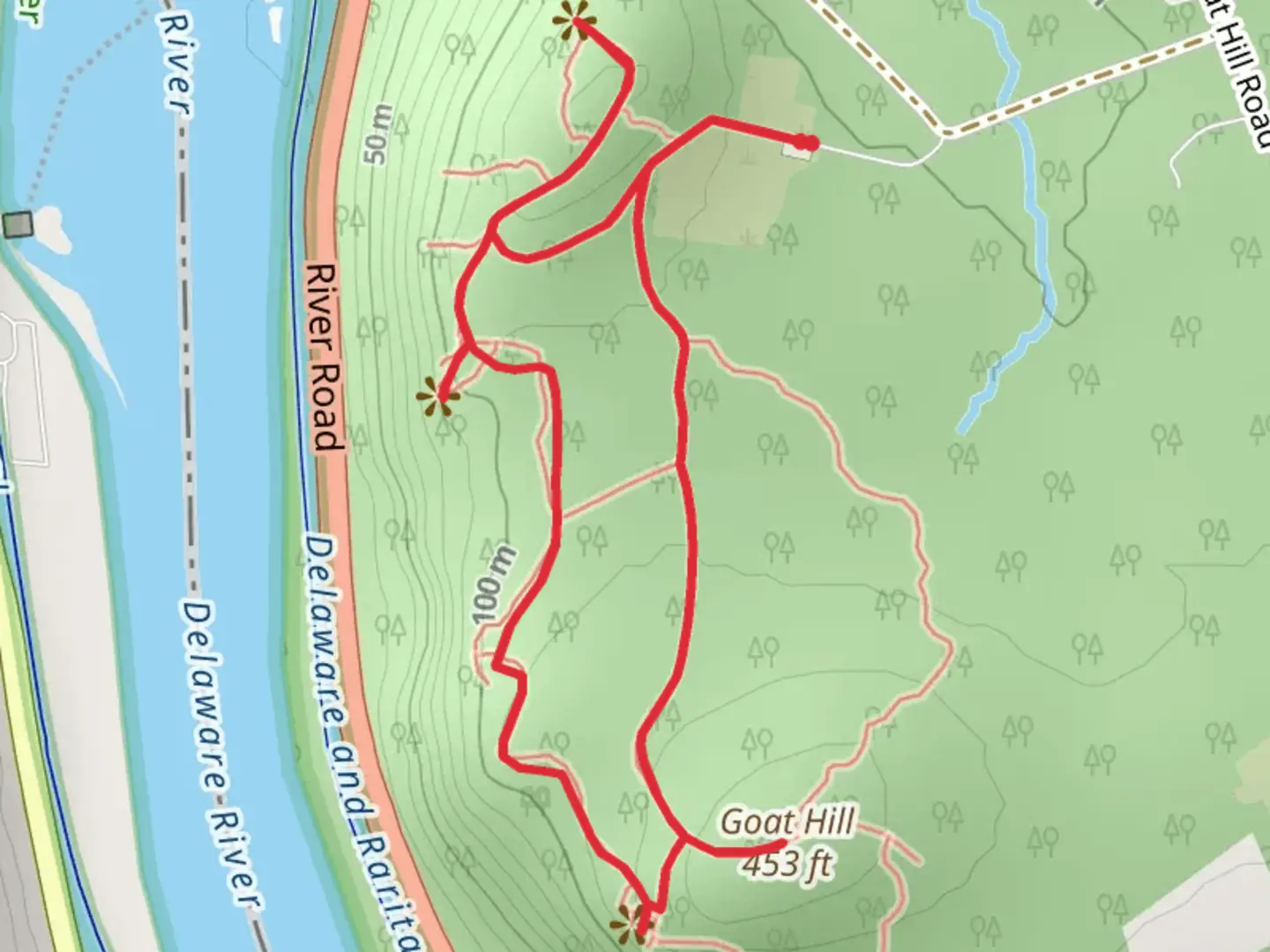 An image depicting the trail Goat Hill and Red Overlook Loop Trail and its surrounding area.