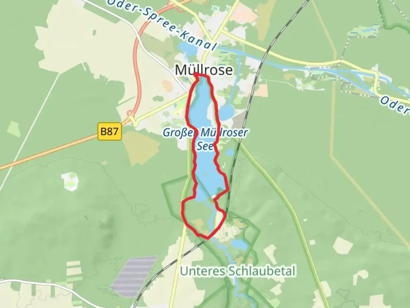 An image depicting the trail Grosser Muellroser via Schlaubetal and Rundwanderweg Grosser Muellroser See and its surrounding area.