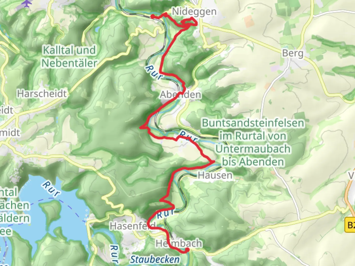 An image depicting the trail Nideggen Bruck to Heimbach Walk via Rur and its surrounding area.