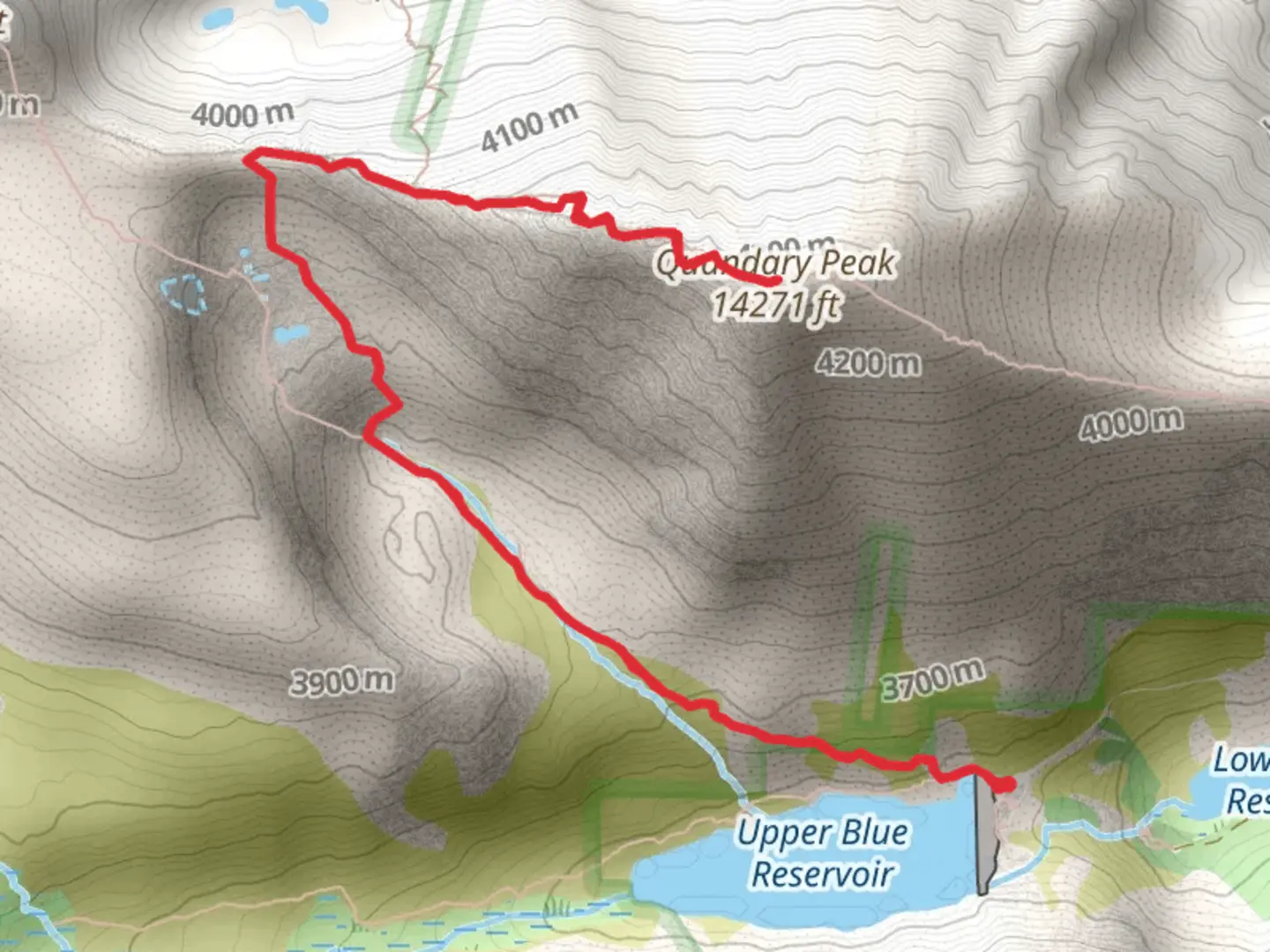 An image depicting the trail Quandary Peak via Blue Lakes Trail and its surrounding area.