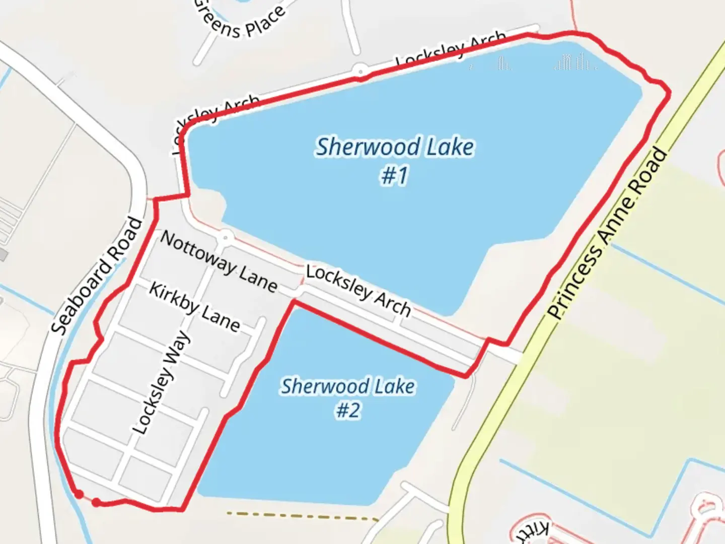 An image depicting the trail Sherwood Lakes and Locksley Arch Loop and its surrounding area.