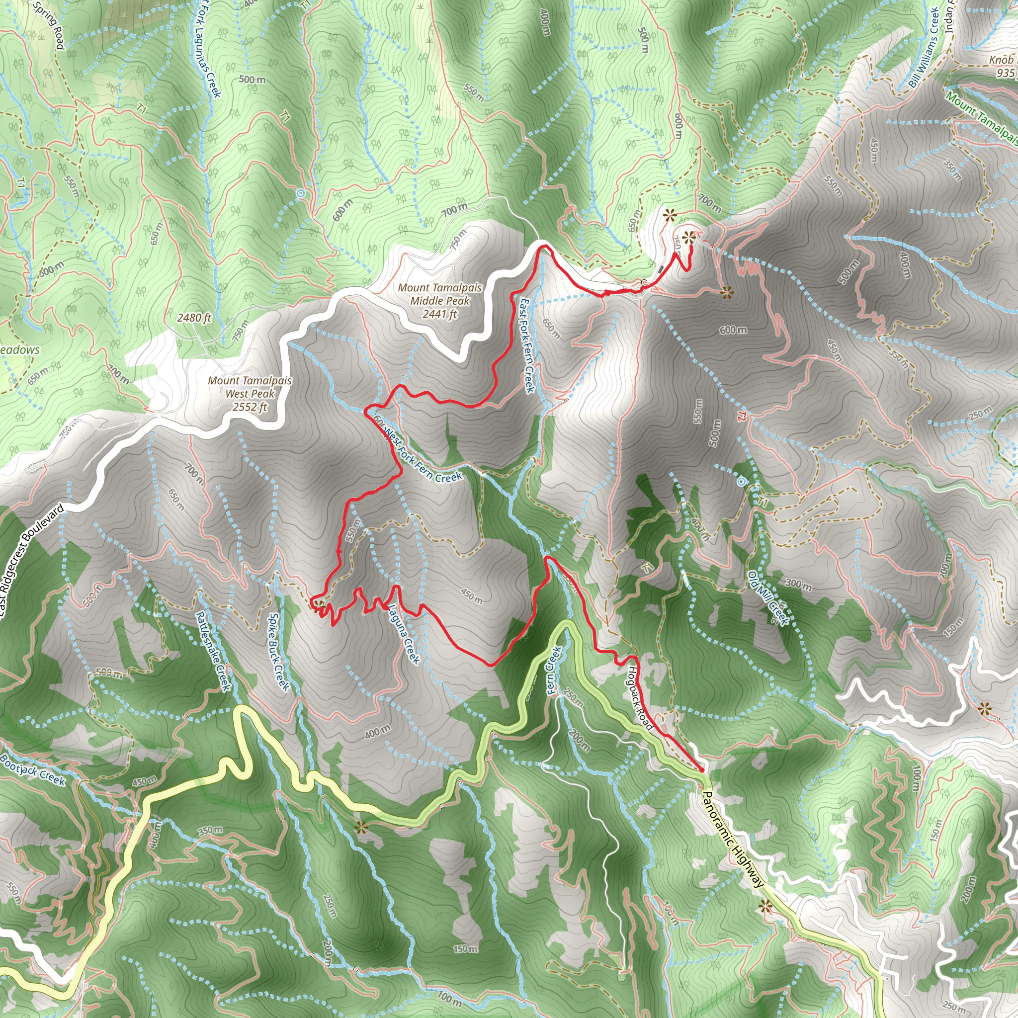 Mount Tamalpais West Point and Mount Tamalpais East Peak via Matt Davis Trail mobile static map
