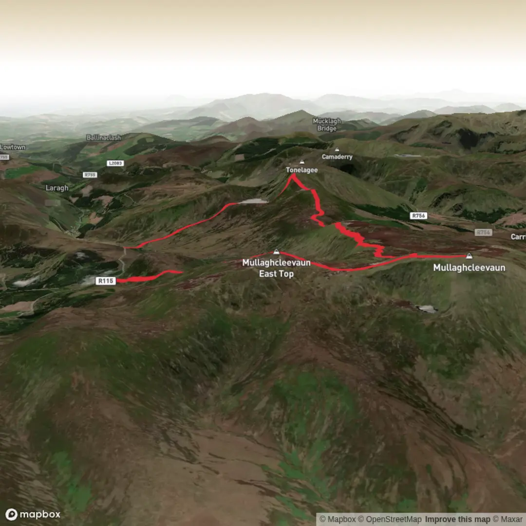 An image depicting the trail Mullaghceavaun East top - Mullaghceavan - Stoney Top - Lake Outlier Car Drop and its surrounding area.