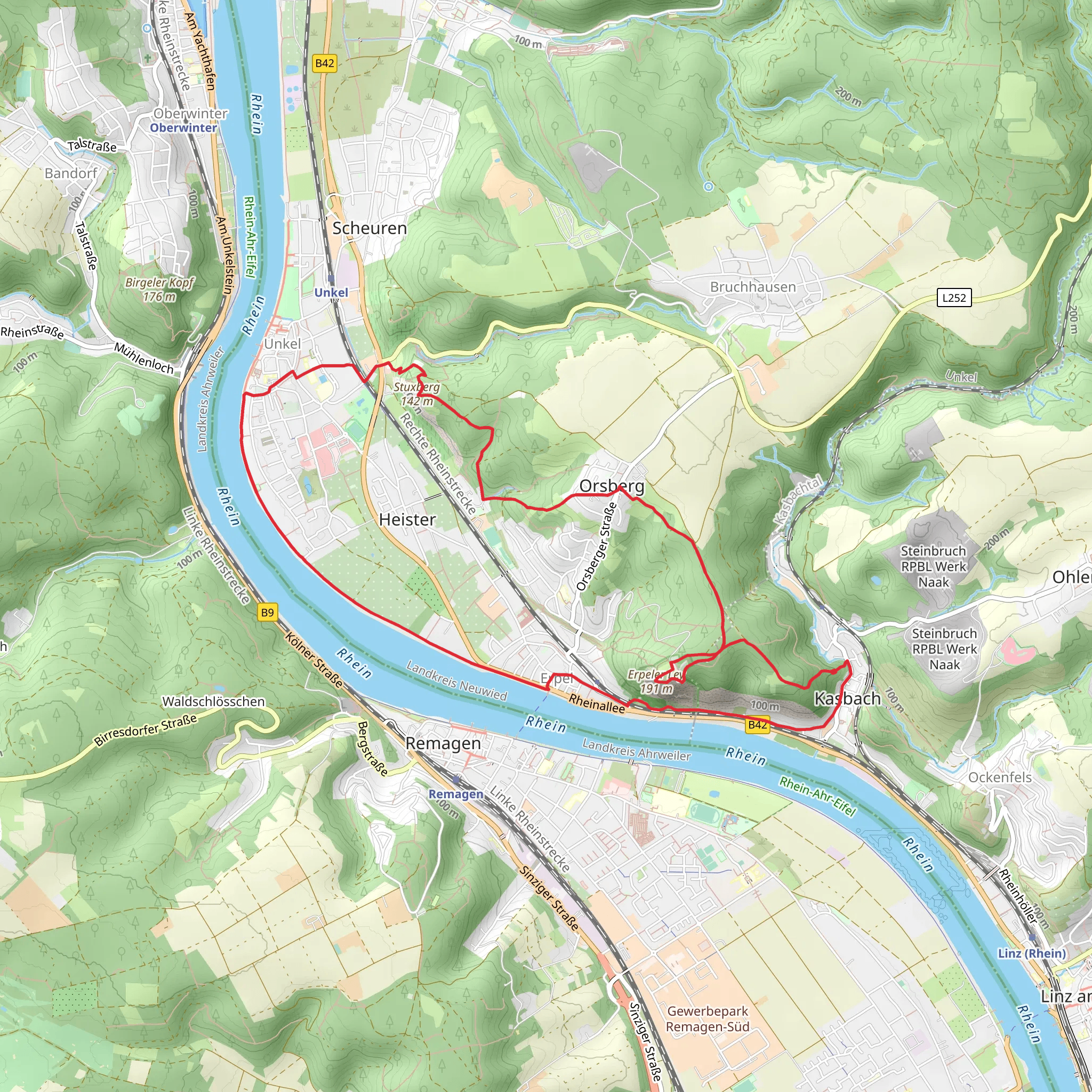 Erpeler Ley via Rheinsteig-Zuweg Unkel Sued and Rotbaeckchen mobile static map
