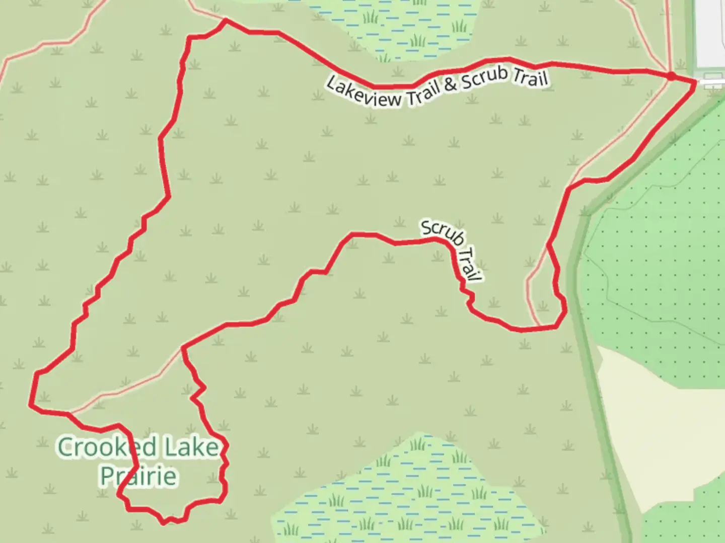 An image depicting the trail Lakeviw Trail and Scrub Loop Trail and its surrounding area.