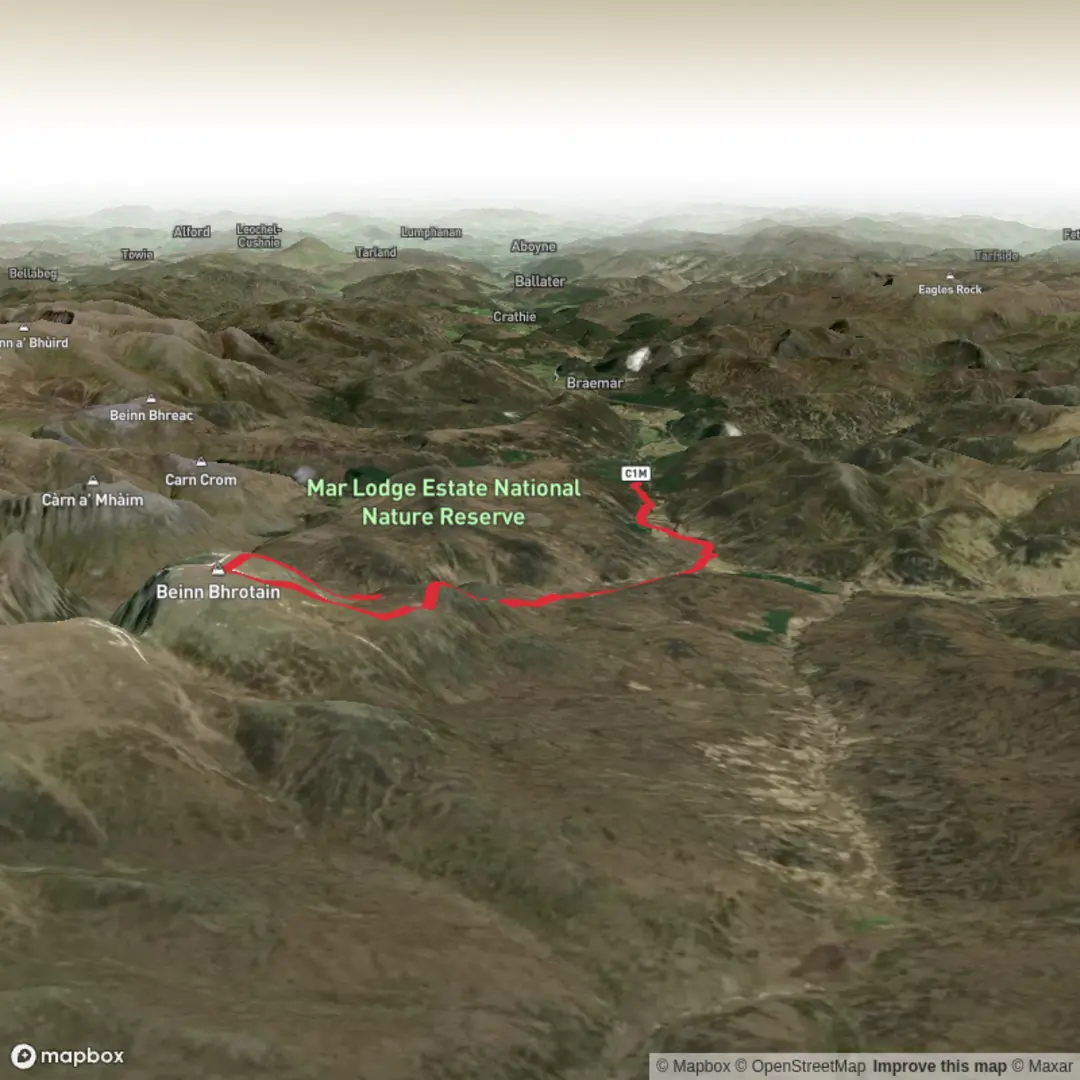 An image depicting the trail Beinn Bhrotain from the Linn of Dee and its surrounding area.