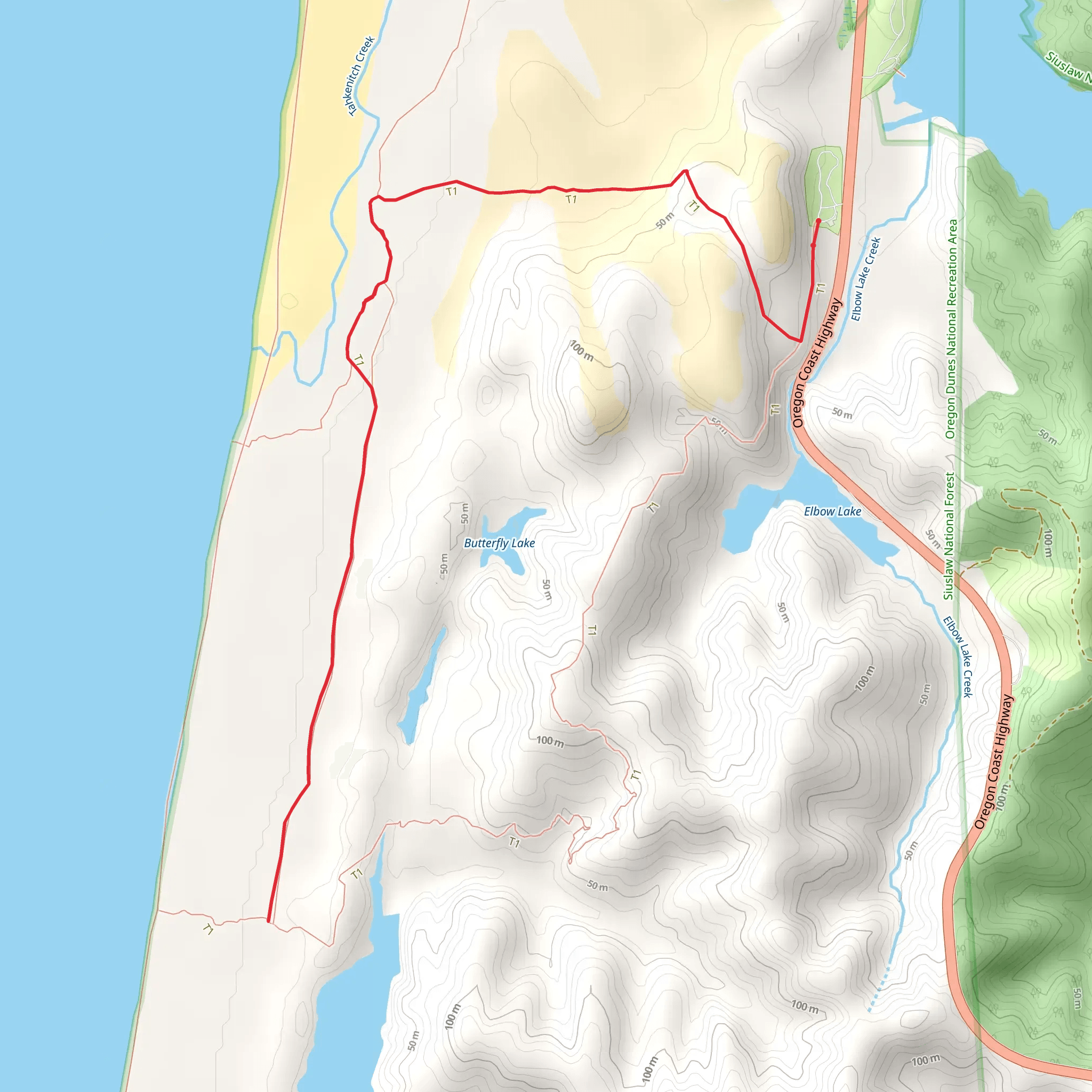 Tahkenitch - Three Mile Tie Trail via Tahkenitch Dunes Trail mobile static map
