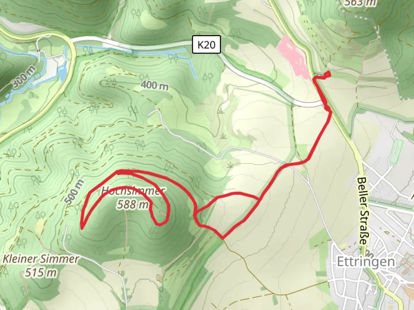 An image depicting the trail Sandkaul2 and Hochsimmer Loop and its surrounding area.