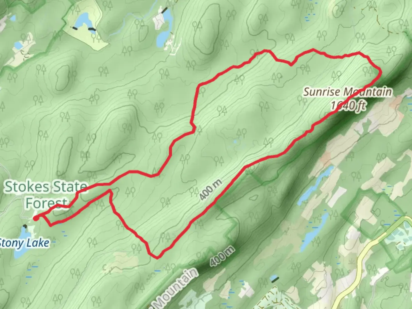 An image depicting the trail Sunrise Mountain via Stony Brook Trail and Blue Mountain Trail and its surrounding area.