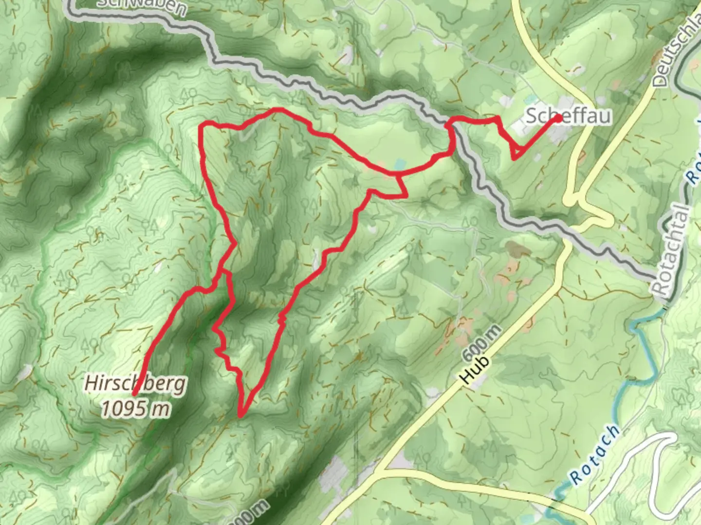 An image depicting the trail Hirschberg via Scheffauer Steig and its surrounding area.