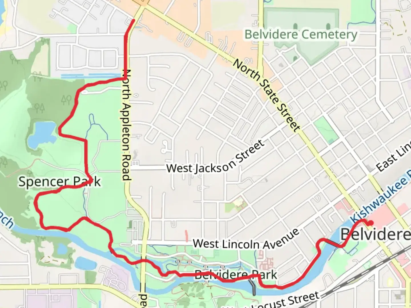 An image depicting the trail Kishwaukee Riverfront Path and its surrounding area.