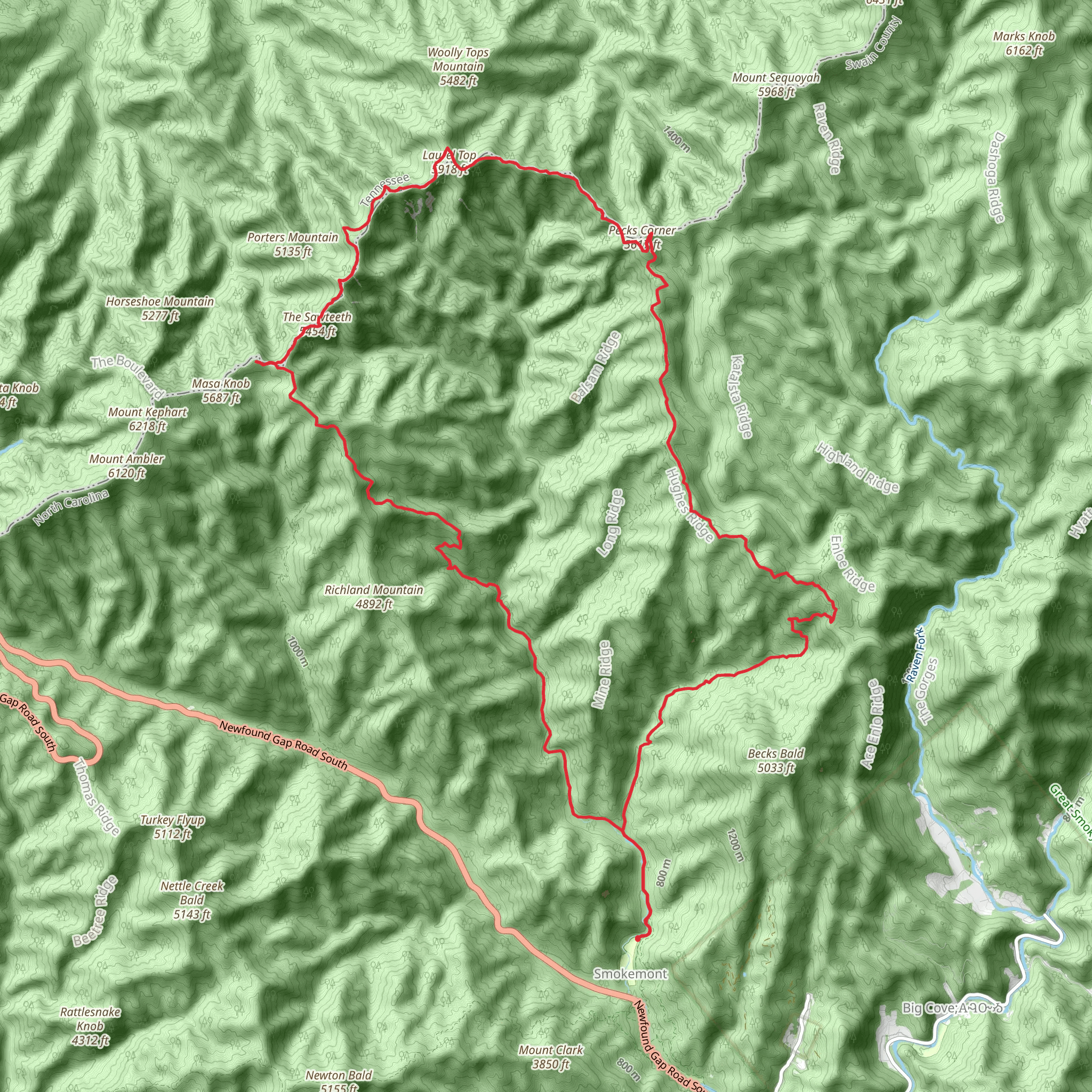 Charlies Bunion, Laurel Top and Pecks Corner Loop via Chasteen Creek Trail mobile static map
