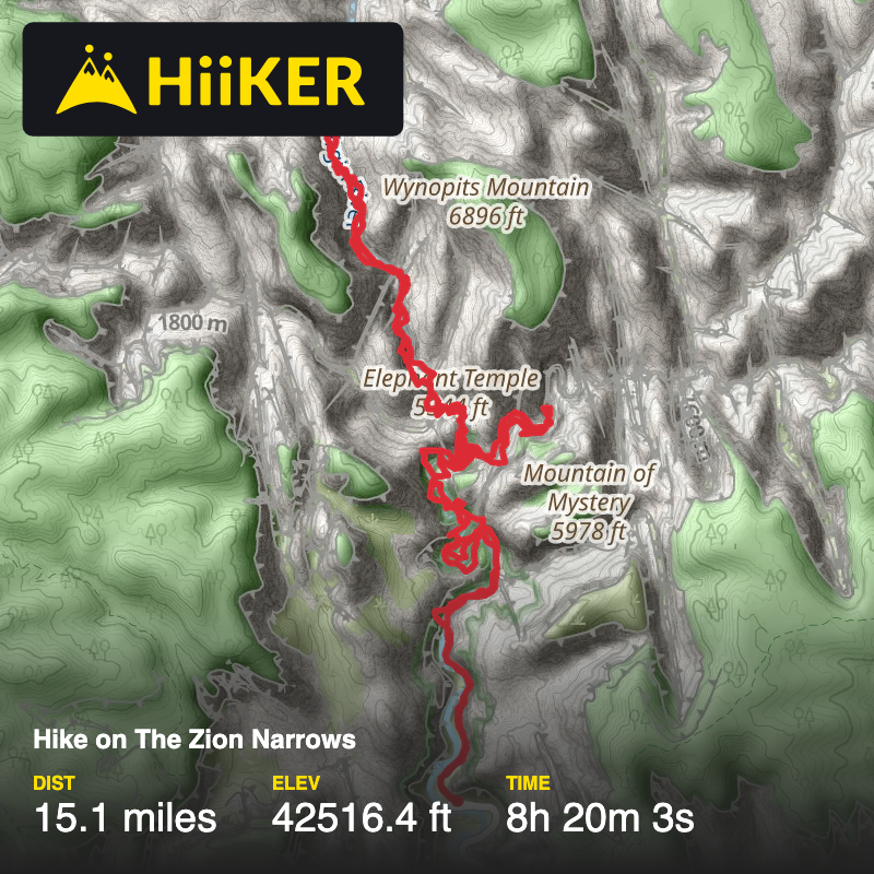 A map preview of the recording Hike on The Zion Narrows.